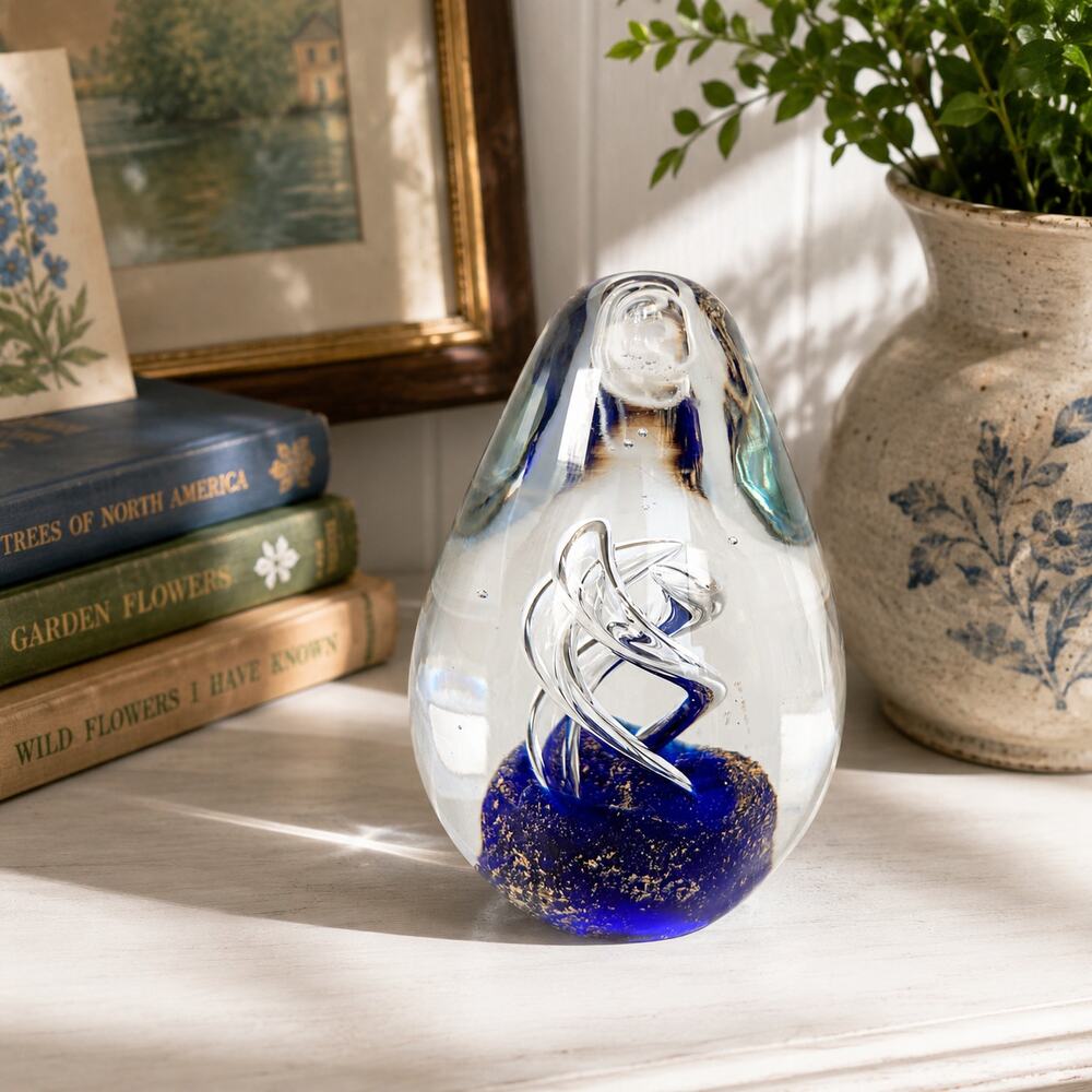 Vintage Art Glass Egg Paperweight Royal Blue Gold Fleck Aventurine Helix Swirl